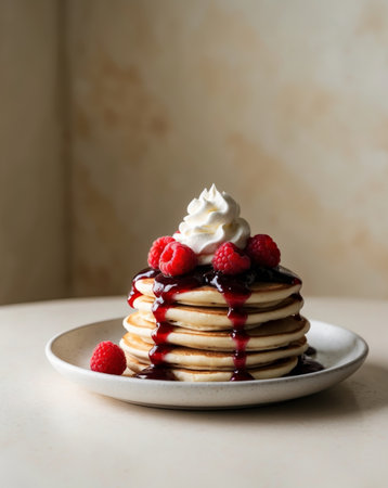 AI Generated. Delicious Raspberry Pancakes with Whipped Cream and Jamの素材