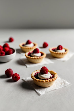 AI Generated. Delicious Raspberry and Cream Mini Pies with Berriesの素材