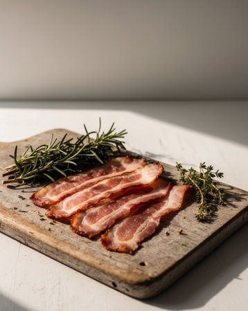 AI Generated. Delicious smoked bacon slices with rosemary and thyme on wooden cutting boardの素材