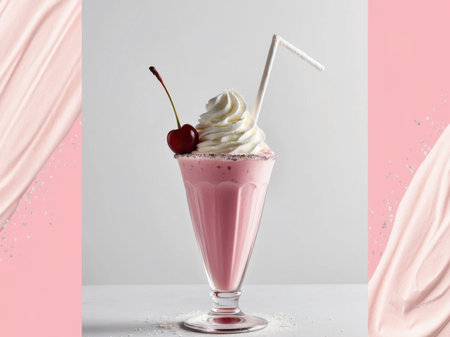 AI Generated. delicious strawberry milkshake with whipped cream and cherryの素材