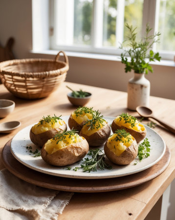 AI Generated. Deliciously Baked Potatoes With Herbs From a Cozy Kitchen Setting on a Sunny Afternoonの素材