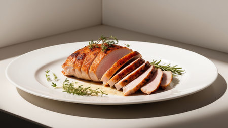 AI Generated. Deliciously Seared Duck Breast Slices on a White Plate with Herbsの素材