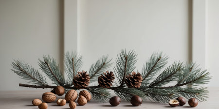 AI Generated. Festive Frame of Pine Branches Cones and Nutsの素材