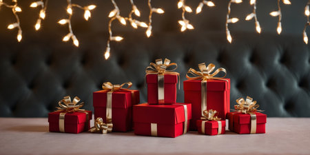 AI Generated. Festive Red Gifts Under Sparkling Holiday Lightsの素材