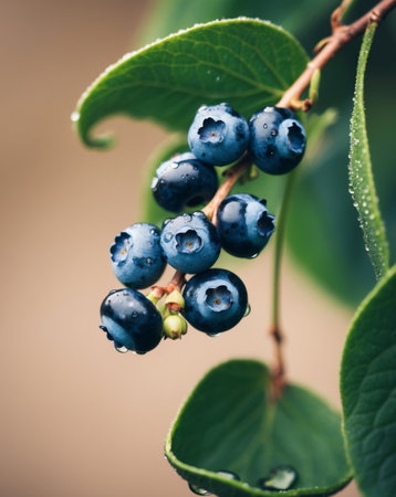 AI Generated. Fresh blueberries on a branch with green leavesの素材