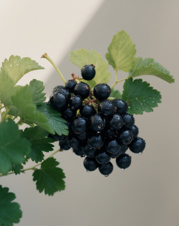 AI Generated. Fresh black currants with green leaves on displayの素材