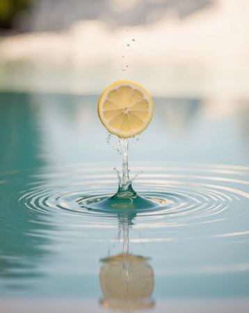AI Generated. Fresh lemon slice splashes into crystal clear water creating mesmerizing ripples and reflections in a tranquil settingの素材