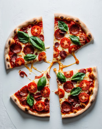 AI Generated. Freshly Baked Pizza Slices with Toppings and Cheese Stretchの素材