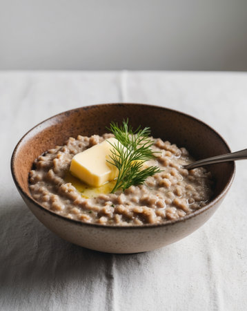 AI Generated. Healthy buckwheat porridge served with butter and fresh dill in rustic bowlの素材