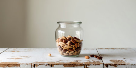 AI Generated. Mixed Nuts in a Jar on Rustic Wooden Table - Healthy Snackの素材