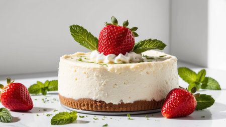 AI Generated. Rich creamy cheesecake topped with a strawberry and mint garnishの素材