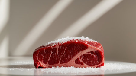AI Generated. Close up of raw steak with coarse salt sprinkle for culinary inspirationの素材