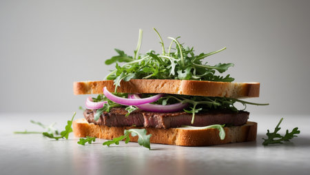 AI Generated. Delicious steak sandwiches with arugula and red onion served on toasted breadの素材