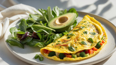 AI Generated. Delicious vegetable omelet served with fresh salad and avocado on a white plateの素材