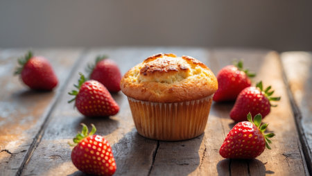 AI Generated. Freshly baked muffin surrounded by ripe strawberries on rustic wooden tableの素材