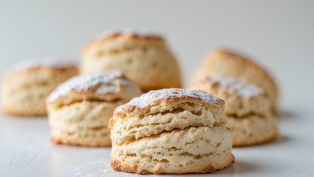 AI Generated. Gourmet scones with depth of field showcasing crumbly texture and rich flavorsの素材