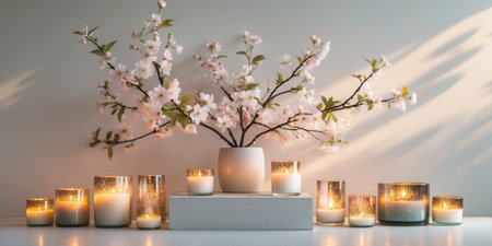 AI Generated. Serene Spa Setting with Cherry Blossoms and Candles Lighting the Way to Tranquilityの素材