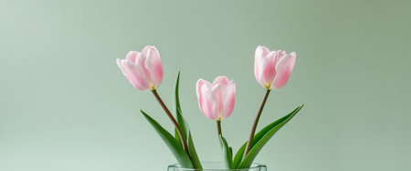 AI Generated. there are three pink tulips in a vase on a green backgroundの素材