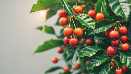 AI Generated. Bright coffee cherries ripening on the branch surrounded by lush green leavesの素材