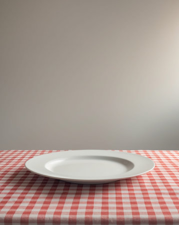 AI Generated. Empty white plate on a checkered red and white tablecloth with ample space for text or design ideas during a casual dining settingの素材
