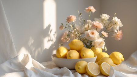 AI Generated. Fresh lemons in a bowl next to blooming flowers and natural lightの素材