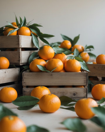 AI Generated. Fresh Oranges in Wooden Crates with Green Leavesの素材