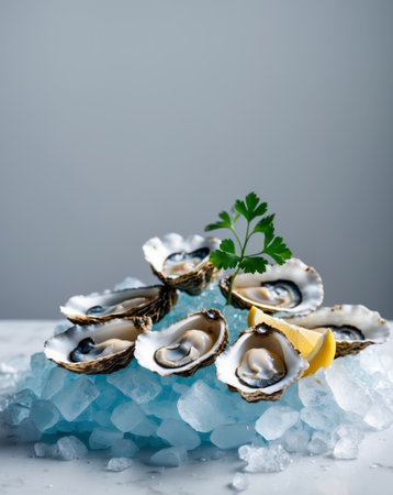 AI Generated. Fresh Oysters on Ice with Lemon and Parsley Garnish for Culinary Eleganceの素材