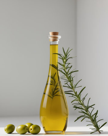 AI Generated. Golden Olive Oil with Olives and Rosemary in Studio Lightの素材