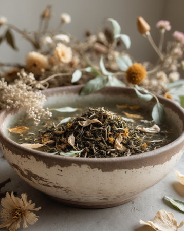 AI Generated. Herbal Tea Blend with Dried Flowers in Rustic Ceramic Bowl for Natural Wellness Designsの素材