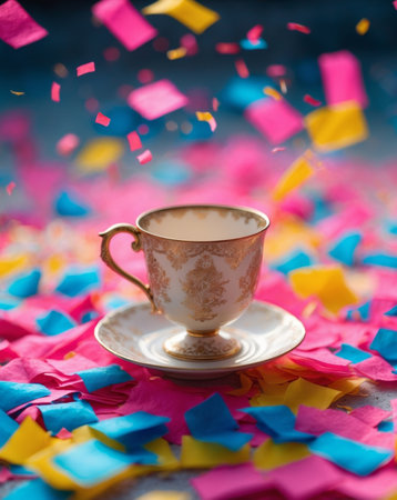 AI Generated. joyful celebration scene with cup and colorful confettiの素材