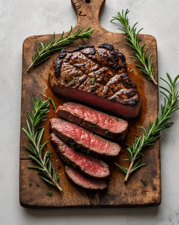 AI Generated. Juicy Grilled Steak on Wooden Cutting Board with Rosemaryの素材