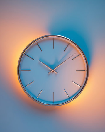 AI Generated. Illuminated Circular Clock in Serene Blue and Orange Sceneの素材