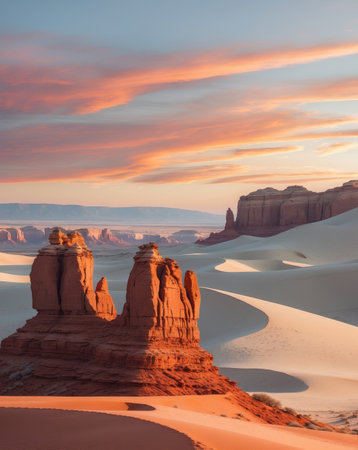 AI Generated. Red Rock Formations and Sand Dunes Sunset Landscapeの素材