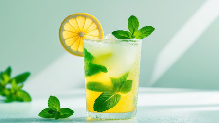 AI Generated. Refreshing Summer Drink with Lemon and Mint in Bright Atmosphereの素材