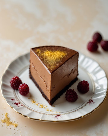 AI Generated. Slice of chocolate mousse cake on a dessert plateの素材