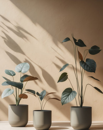 AI Generated. Three indoor plants in modern pots casting shadows on a textured wallの素材