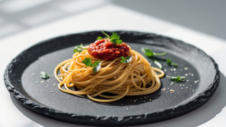 AI Generated. Trendy vegan spaghetti with tomatoes and sauce on black slateの素材
