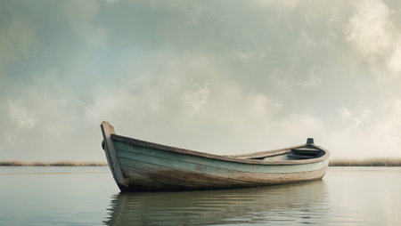 AI Generated. Tranquil River Scene with Boat under Cloudy Skyの素材