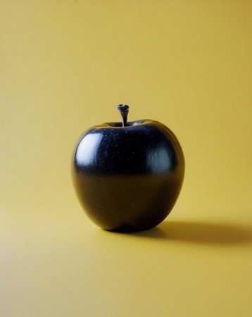 AI Generated. Black Apple on Bright Yellow Background with Simple Compositionの素材