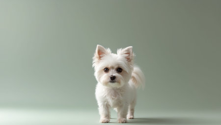 AI Generated. A small white dog standing in front of a green backgroundの素材
