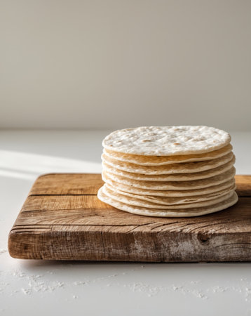 AI Generated. a stack of fresh tortillas on a wooden boardの素材