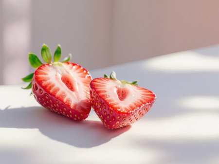 AI Generated. A strawberry is cut in half and placed on a white surfaceの素材