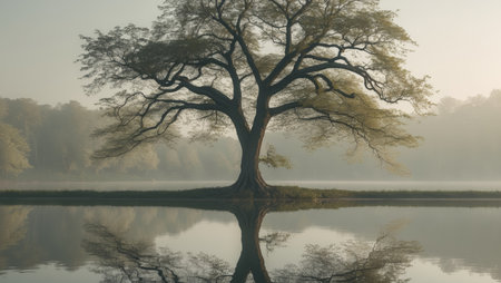 AI Generated. A tree is reflected in the water of a lakeの素材