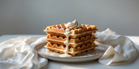AI Generated. A stack of waffles with a drizzle of cream and powdered sugarの素材