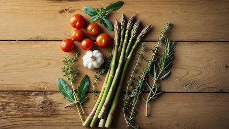 AI Generated. A variety of vegetables and herbs are displayed on a wooden tableの素材