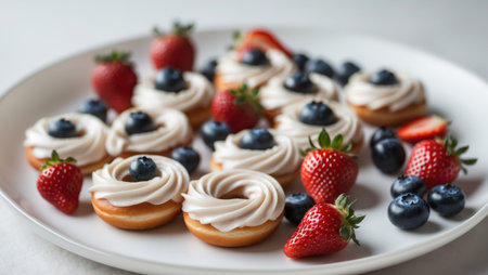 AI Generated. A white plate topped with mini donuts covered in frosting and topped with strawberries and blueberriesの素材