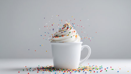AI Generated. A white cup with a white frosting and colorful sprinkles on topの素材