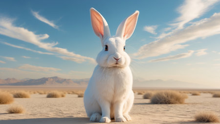 AI Generated. A white rabbit with large ears sitting in a desert landscape with a blue sky and clouds in the backgroundの素材