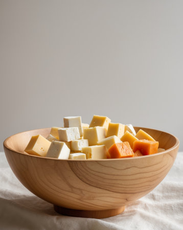 AI Generated. A wooden bowl filled with cubes of cheese for snacking or servingの素材