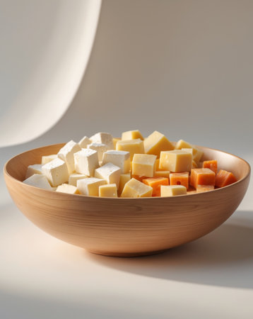 AI Generated. A wooden bowl filled with cubes of cheese for snacking or servingの素材